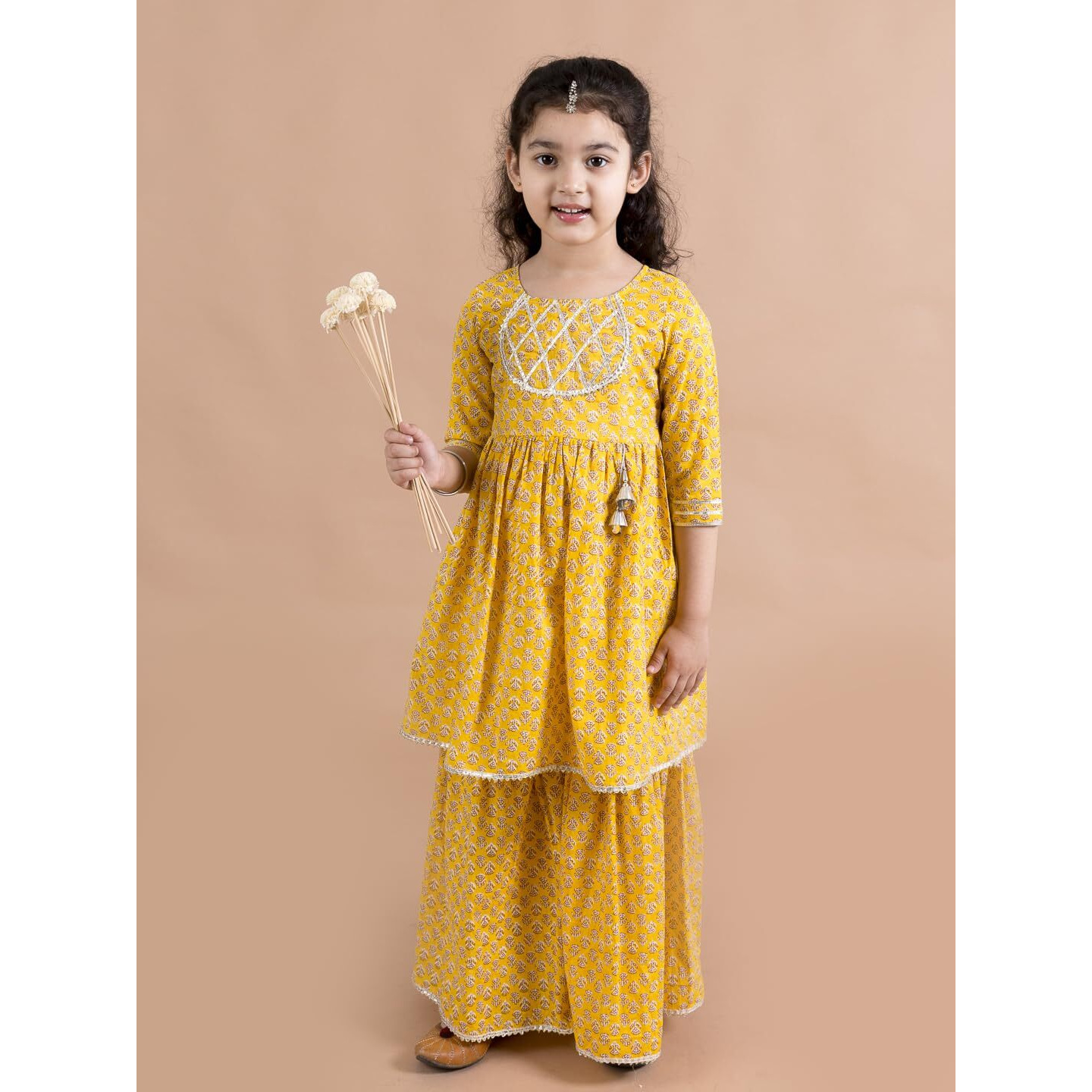Pspeaches Girls Mustard Yellow Floral Printed Pure Cotton Kurta With Sharara (Yellow-2-3Y)