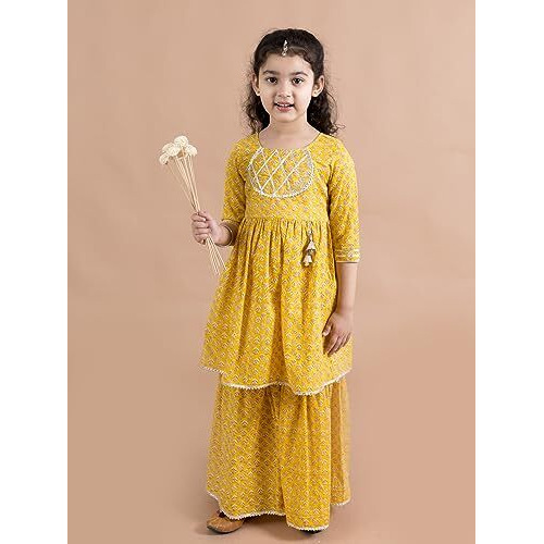 Pspeaches Girls Mustard Yellow Floral Printed Pure Cotton Kurta With Sharara (Yellow-2-3Y)