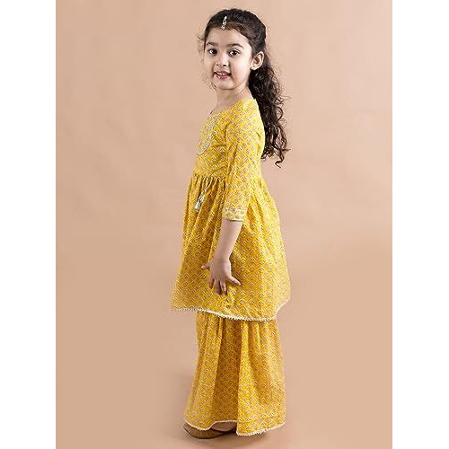 Pspeaches Girls Mustard Yellow Floral Printed Pure Cotton Kurta With Sharara (Yellow-2-3Y)