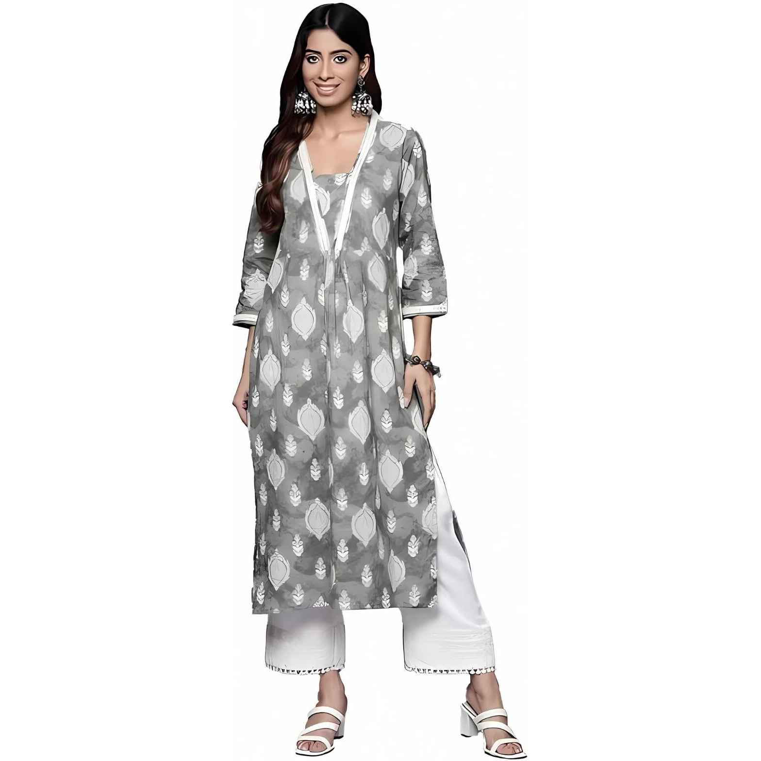 Varanga Women Grey Printed V-Neck Lace Embellished Straight Kurta - Traditional Ethnic Wear, Comfortable & Stylish For Casual & Festive Occasions (Double Extra Large)