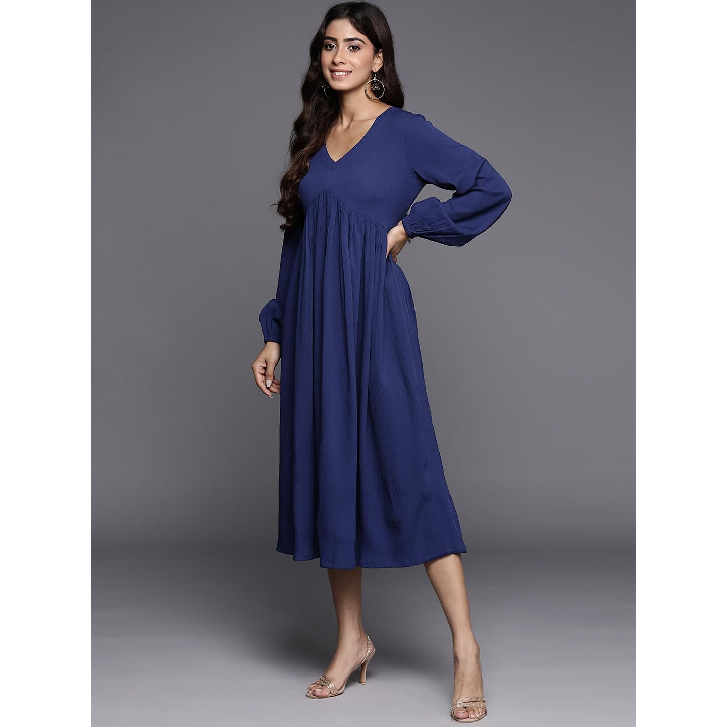 Varanga Women Blue V-Neck Bishop Sleeves A-Line Dress With Gathered Details And Flared Hem (Double Extra Large)