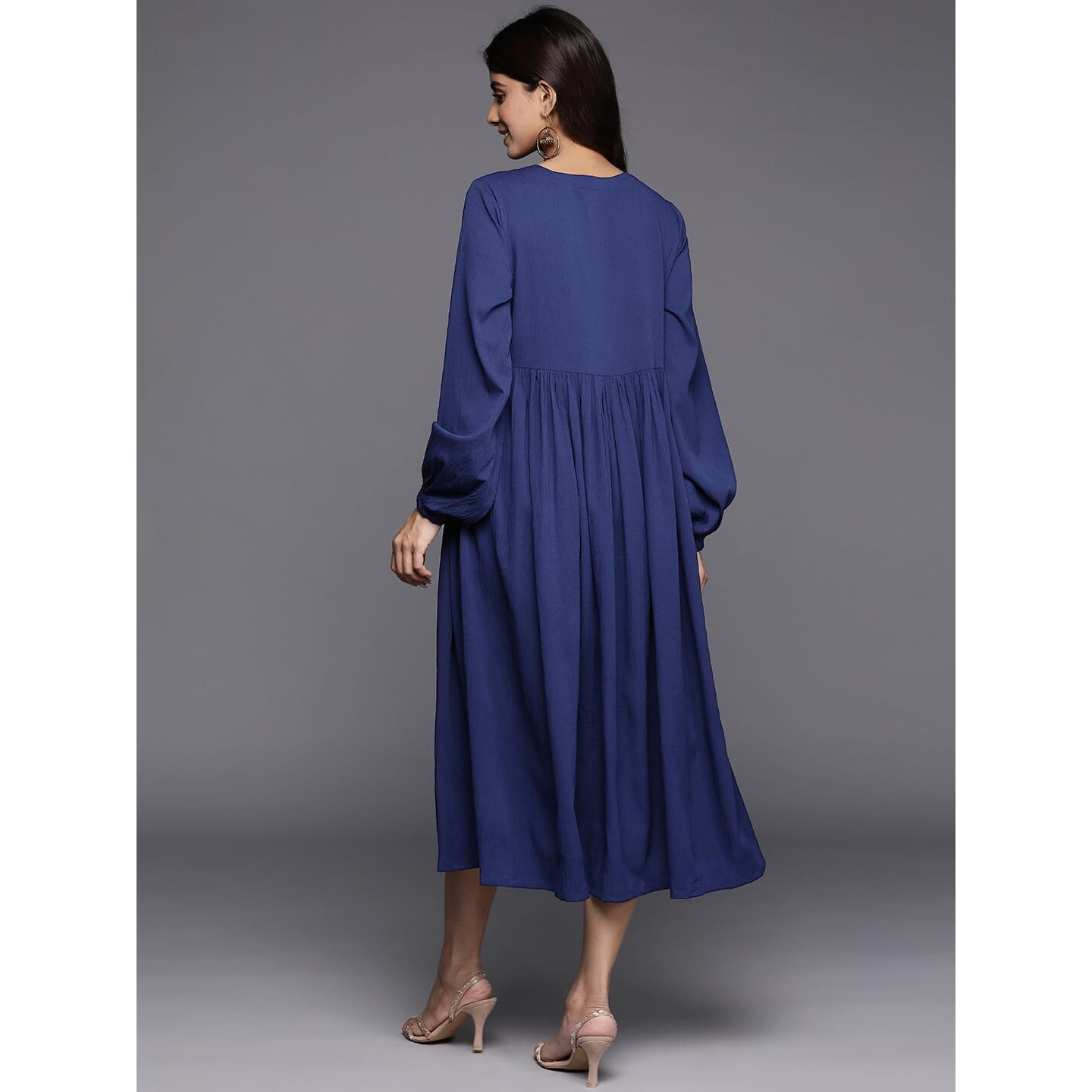 Varanga Women Blue V-Neck Bishop Sleeves A-Line Dress With Gathered Details And Flared Hem (Double Extra Large)