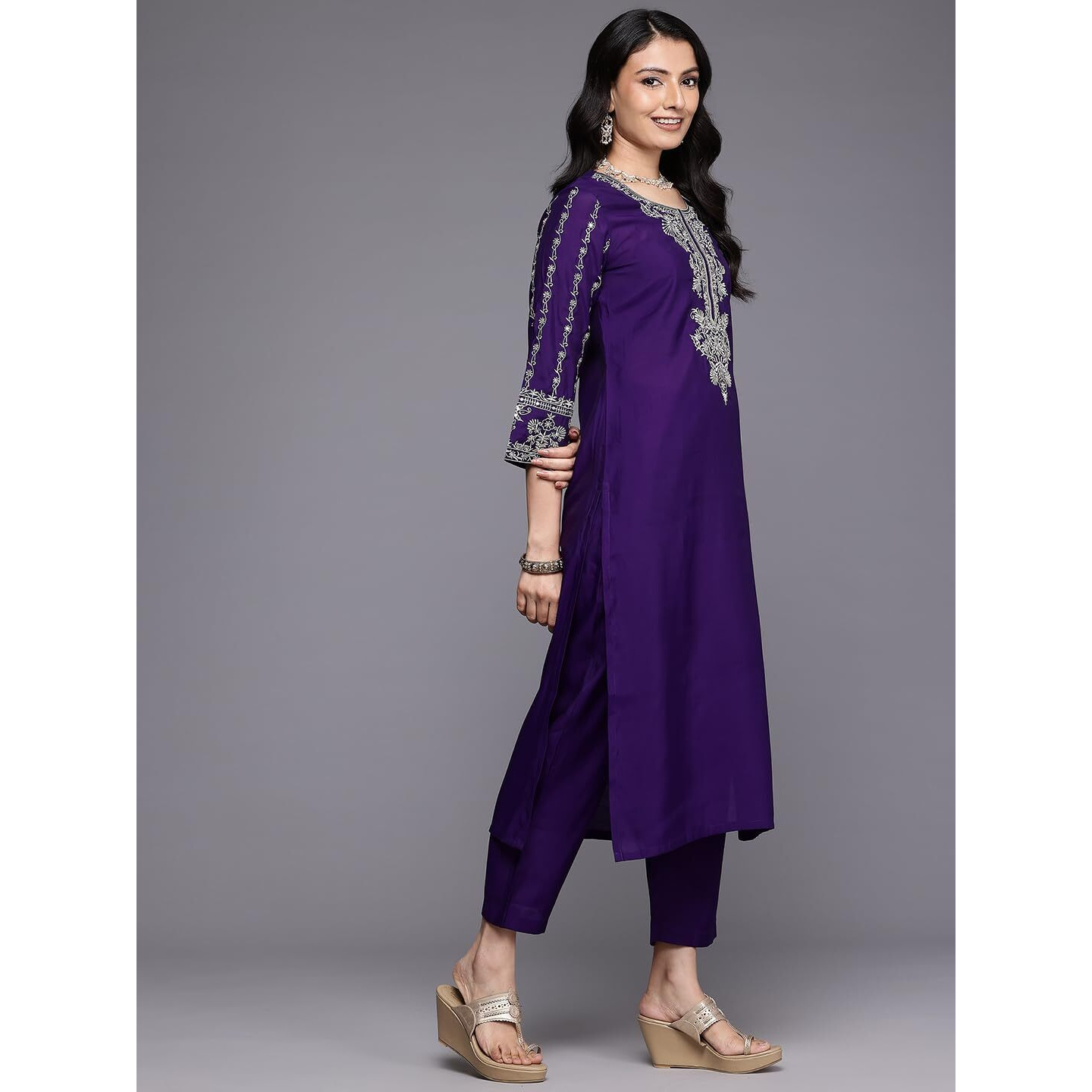 Varanga Women Silk Navy Blue Zari Embroidered Kurta Set With Dupatta