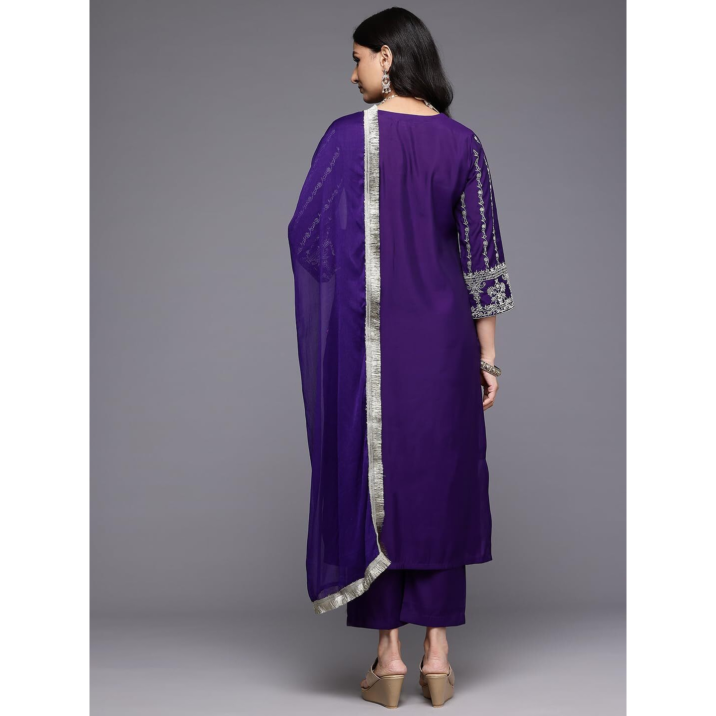 Varanga Women Silk Navy Blue Zari Embroidered Kurta Set With Dupatta