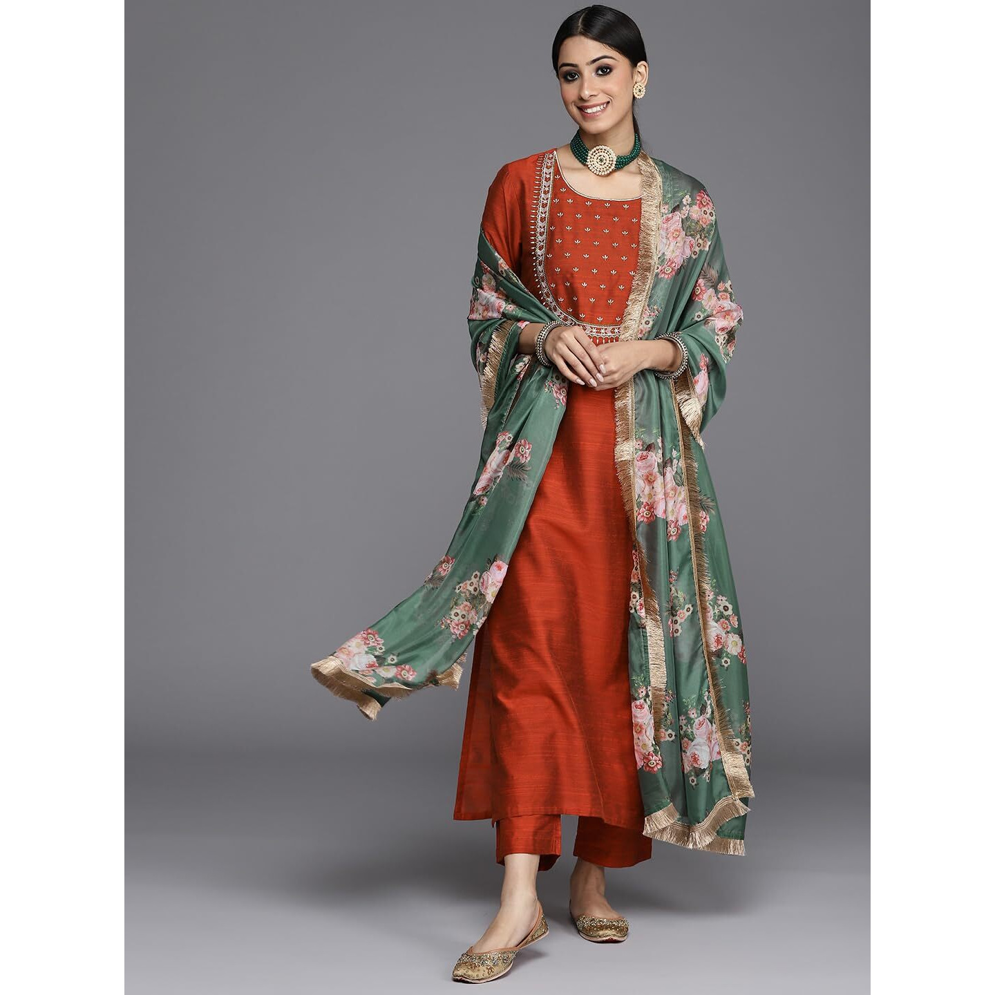 Varanga Women Maroon & Silver Embroidered Straight Kurta With Round Neck, Three-Quarter Sleeves, Paired With Solid Trouser And Floral Printed Dupatta With Rose Gold Fringes (Extra Large)