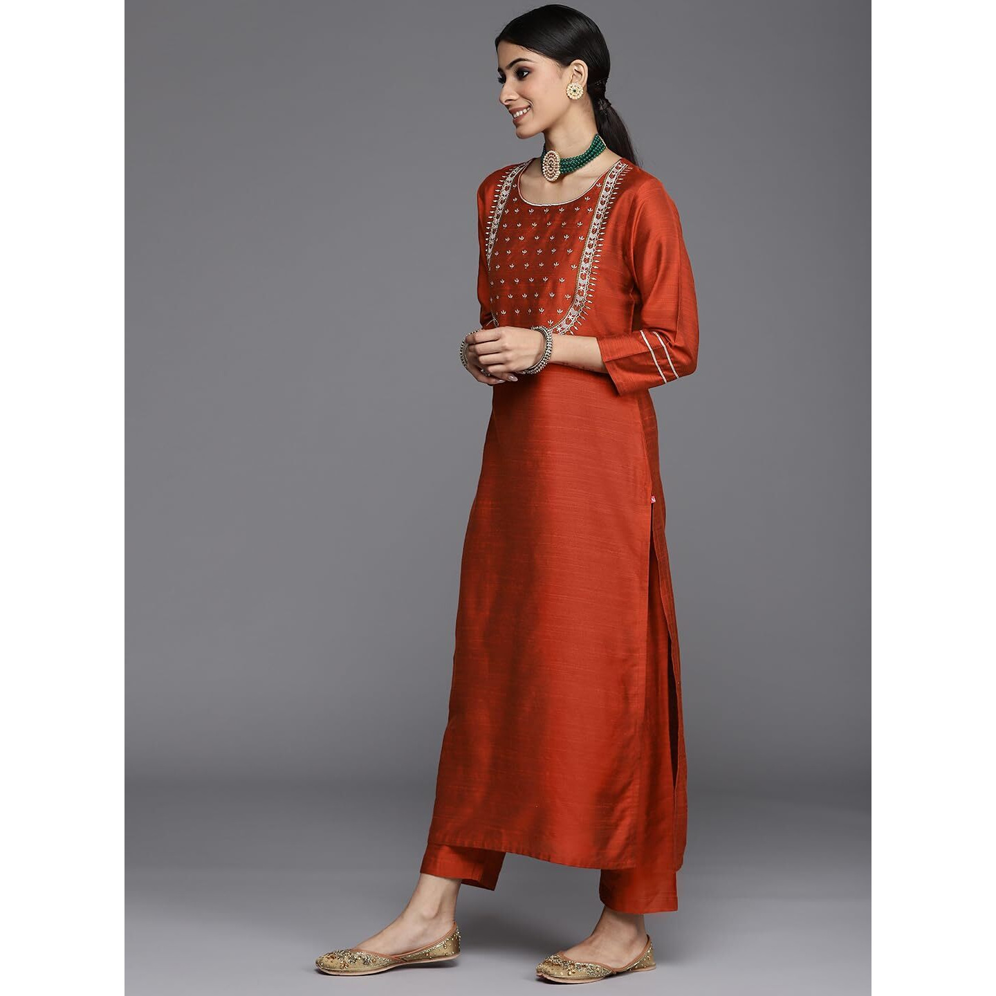 Varanga Women Maroon & Silver Embroidered Straight Kurta With Round Neck, Three-Quarter Sleeves, Paired With Solid Trouser And Floral Printed Dupatta With Rose Gold Fringes (Extra Large)