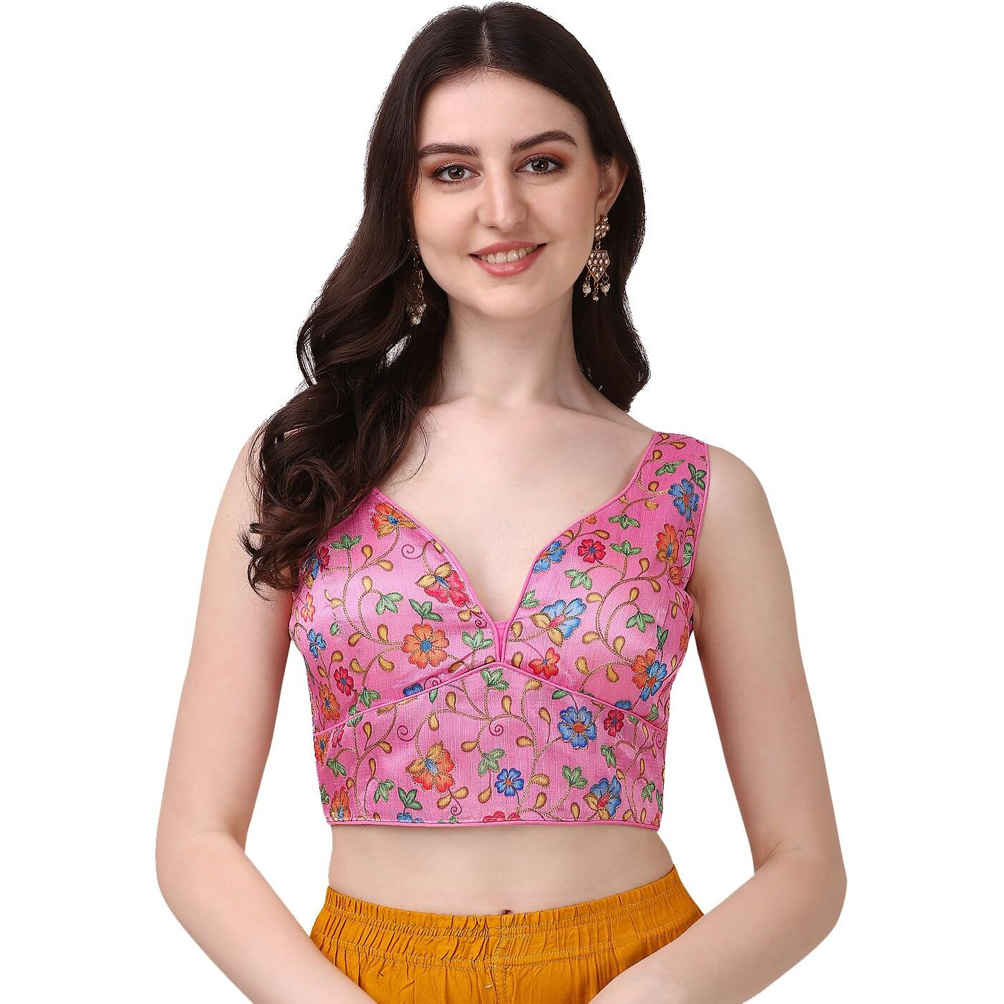 Vihu Fashion Women's Deep V Neck Multicolor Phantom Silk Floral Work Sleeveless Readymade Saree Blouse For Lehenga Choli