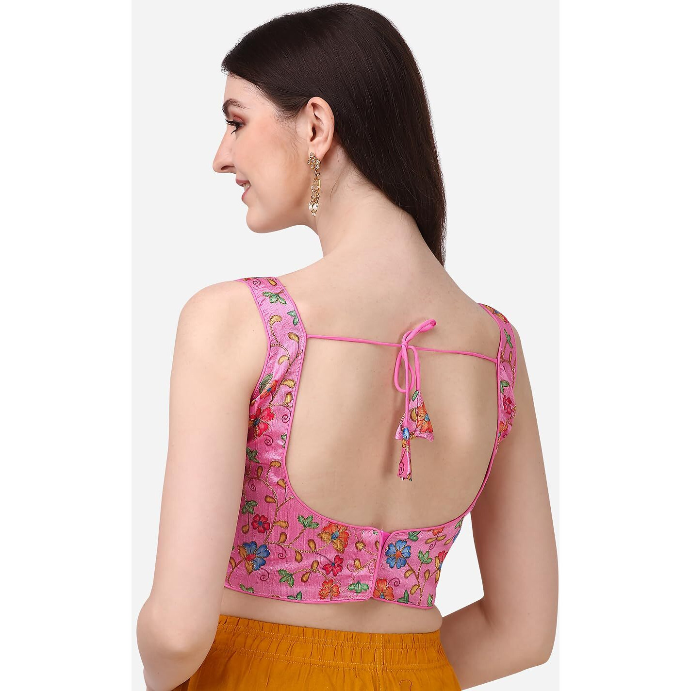 Vihu Fashion Women's Deep V Neck Multicolor Phantom Silk Floral Work Sleeveless Readymade Saree Blouse For Lehenga Choli