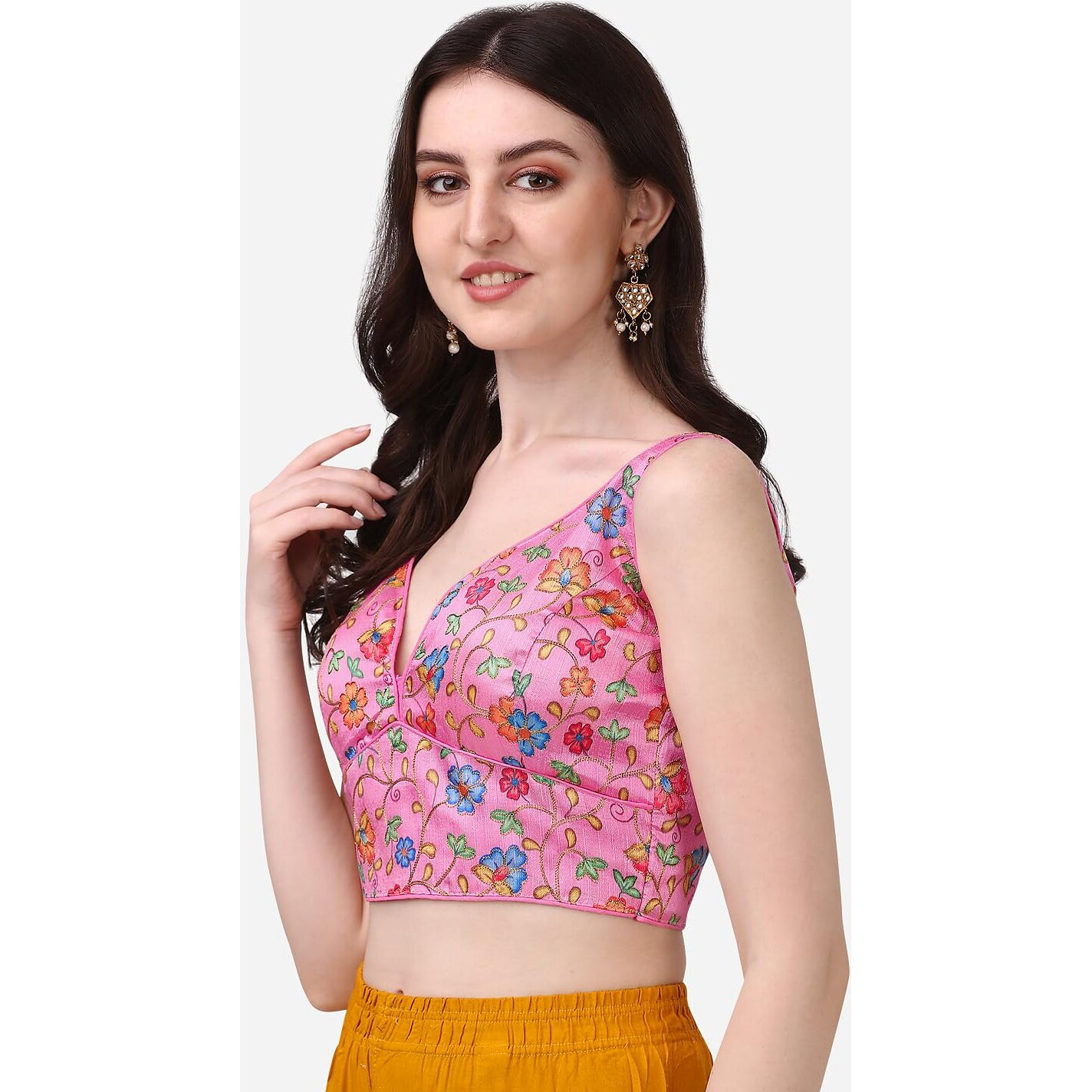 Vihu Fashion Women's Deep V Neck Multicolor Phantom Silk Floral Work Sleeveless Readymade Saree Blouse For Lehenga Choli