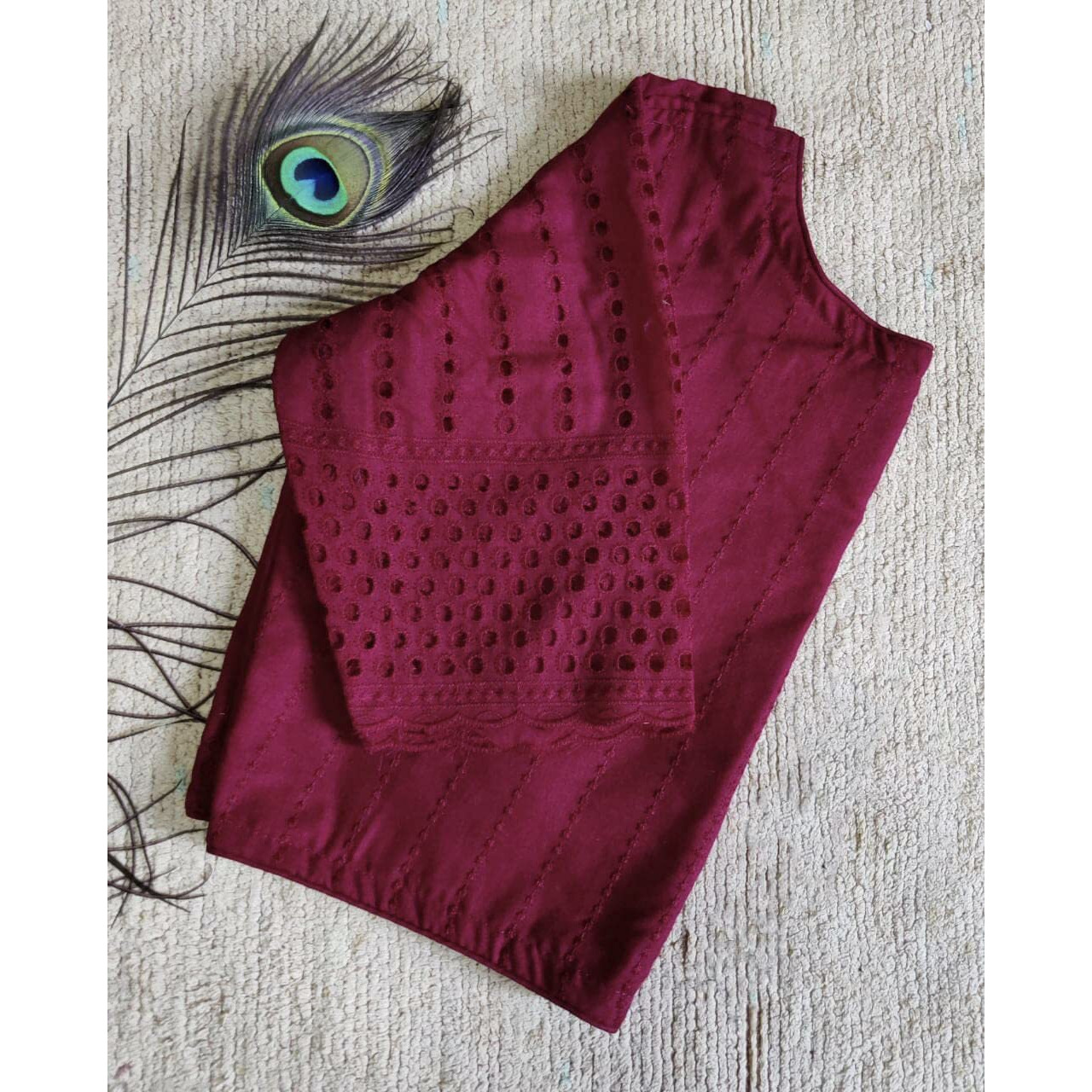 Vihu Fashion Women's Trendy Hakoba Chikankari Work Half Sleeve Maroon Saree Blouse (Hakoba 13 Maroon_38)