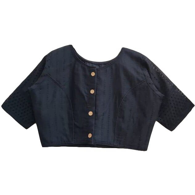 Vihu Fashion Women's Trendy Hakoba Chikankari Work Half Sleeve Black Saree Blouse (Hakoba 13 Black_38)