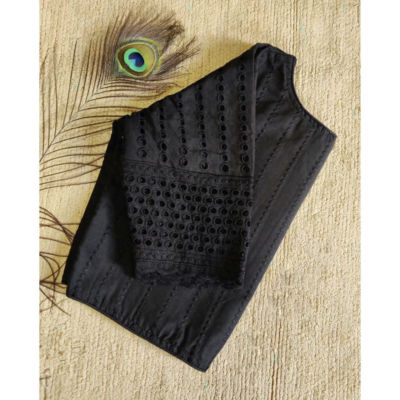 Vihu Fashion Women's Trendy Hakoba Chikankari Work Half Sleeve Black Saree Blouse (Hakoba 13 Black_38)