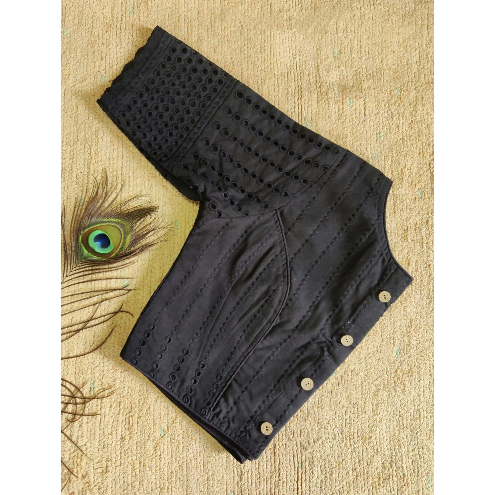 Vihu Fashion Women's Trendy Hakoba Chikankari Work Half Sleeve Black Saree Blouse (Hakoba 13 Black_38)