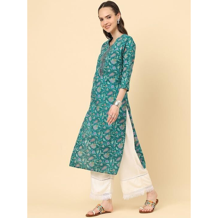 Varanga Women Turquoise Blue Floral Printed Straight Kurta With 3/4Th Sleeves (Extra Large)