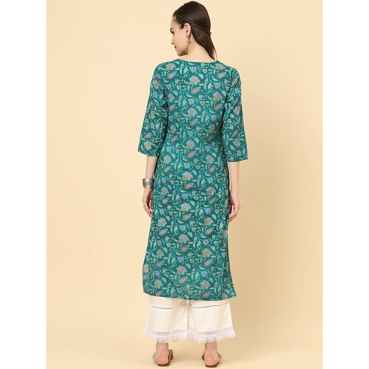 Varanga Women Turquoise Blue Floral Printed Straight Kurta With 3/4Th Sleeves (Extra Large)