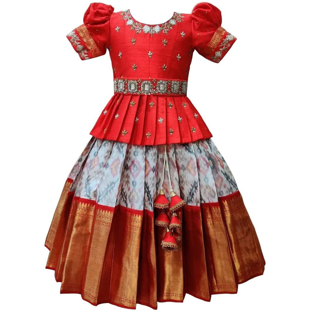 White Button New South Indian Traditional Pattu Pavadai Jecquard Lehenga Choli For Girls Dress (3-4 Years, Red White)