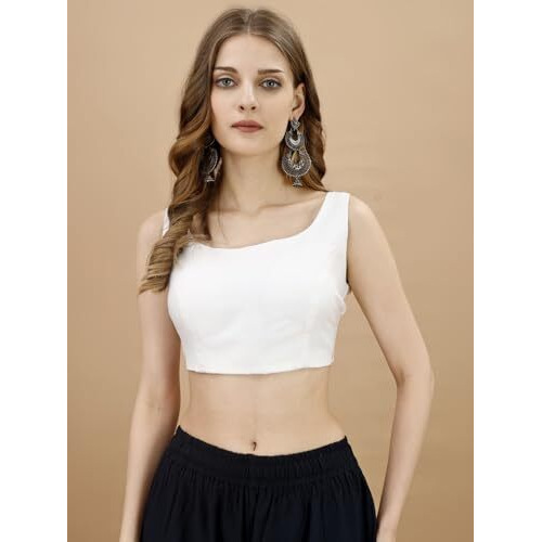 Womanista Women's Tafeta Solid Sleeveless Regular Fit Sequinned Blouse (Bls_48_White S)