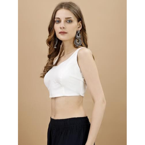 Womanista Women's Tafeta Solid Sleeveless Regular Fit Sequinned Blouse (Bls_48_White S)
