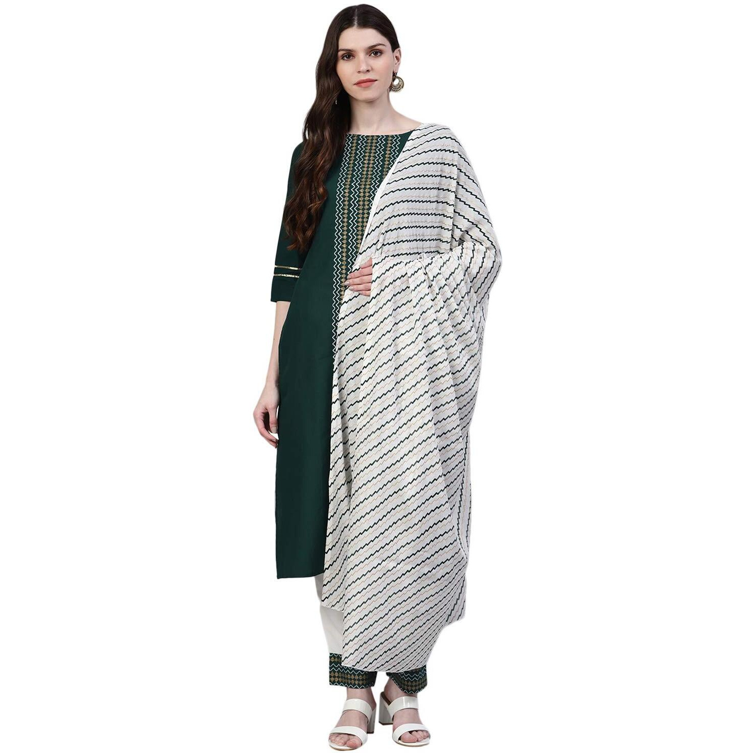 Stylum Women's Printed Cotton Straight Kurta Pant Dupatta Set (Bottle Green, Xl)