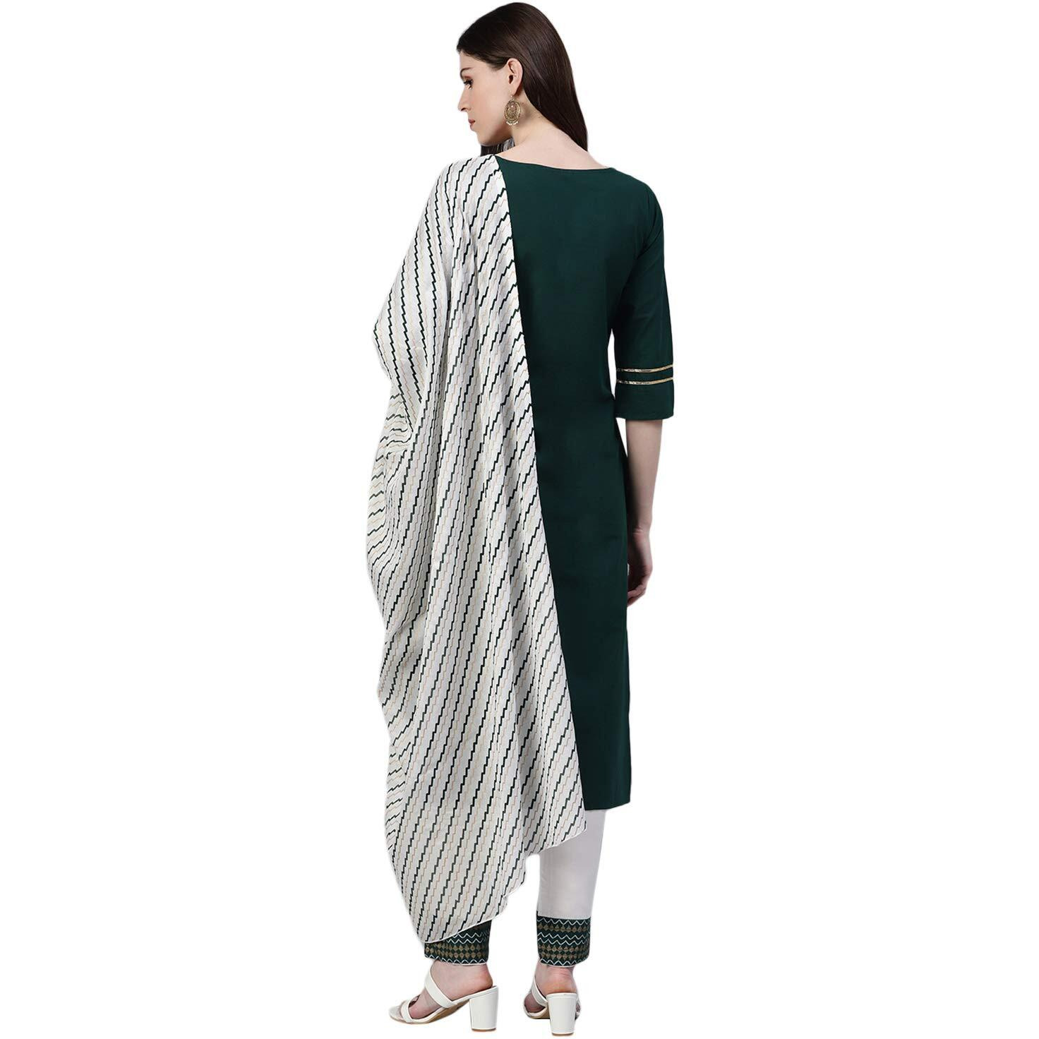 Stylum Women's Printed Cotton Straight Kurta Pant Dupatta Set (Bottle Green, Xl)