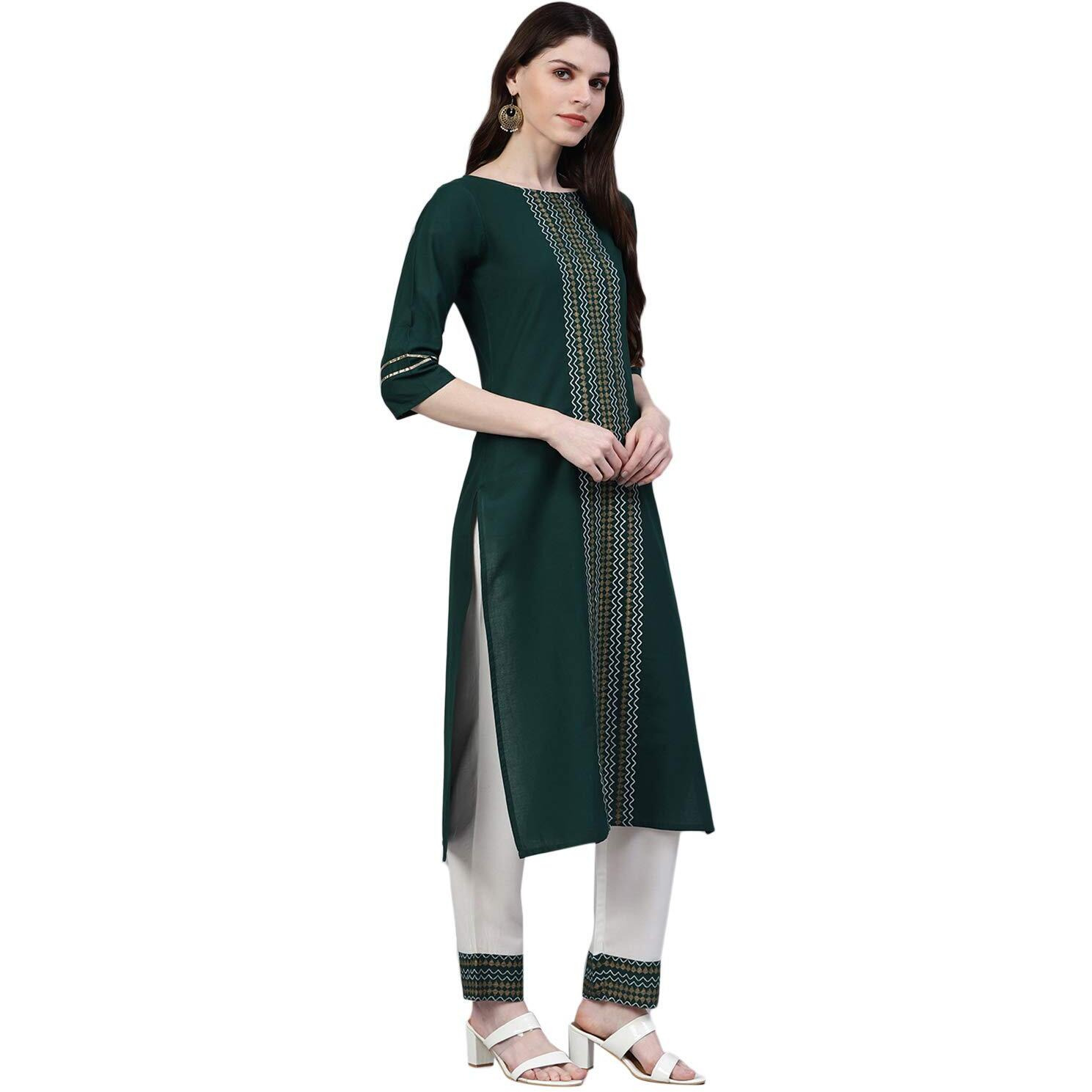 Stylum Women's Printed Cotton Straight Kurta Pant Dupatta Set (Bottle Green, Xl)