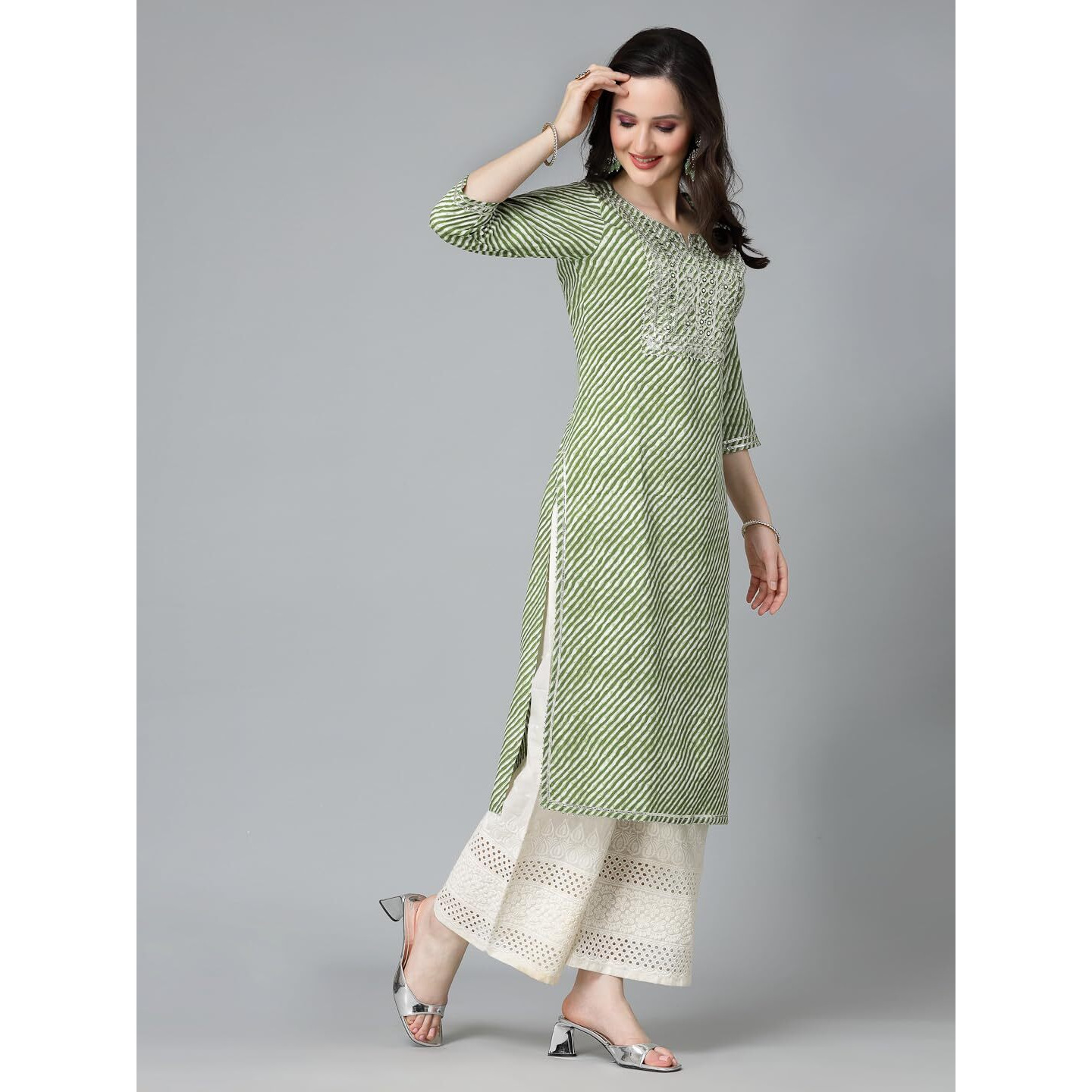 Stylum Women's Leheriya Printed & Embroidered Rayon Straight Kurta (Toyotogreen36_Green, S)
