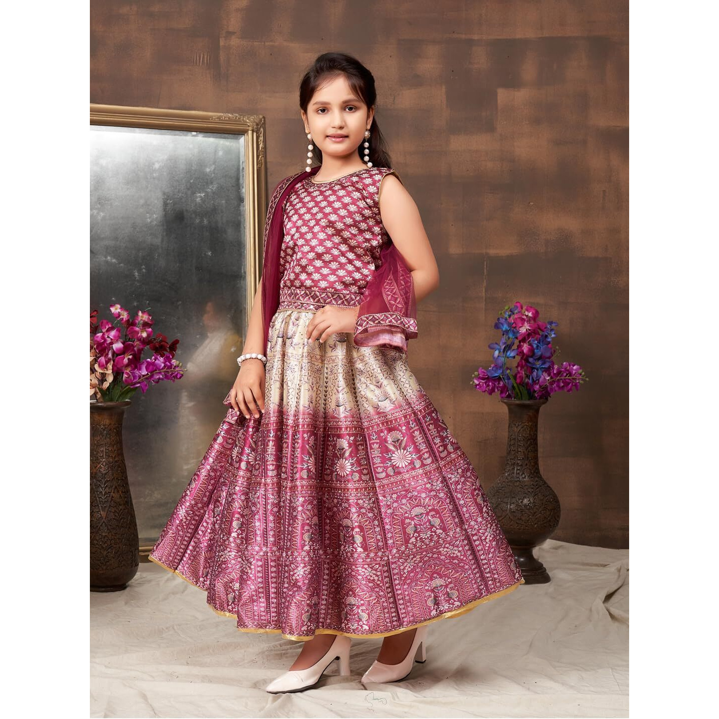 Aarika Girls Ethnic Wear Wine Colour Floral Print Embellished Stone Silk Lehenga Choli Set (5-11 Years)
