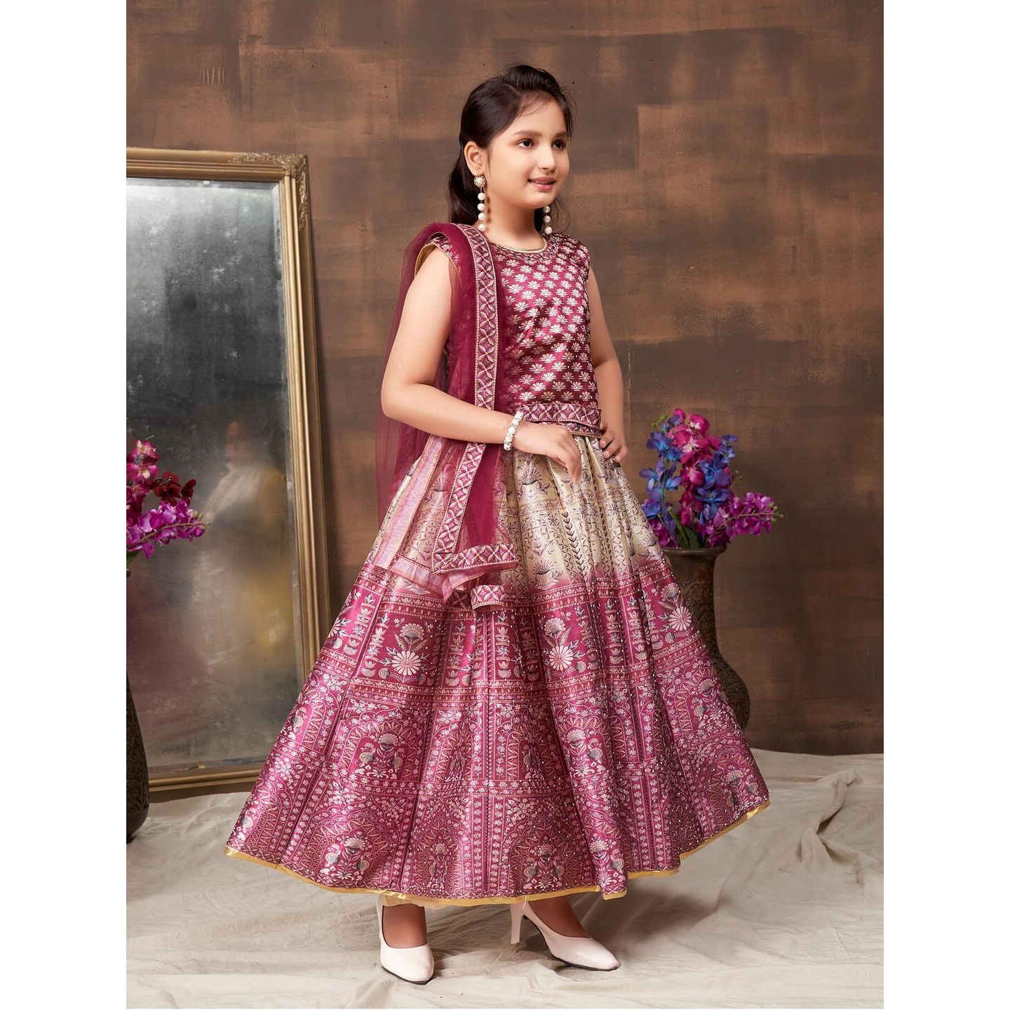 Aarika Girls Ethnic Wear Wine Colour Floral Print Embellished Stone Silk Lehenga Choli Set (5-11 Years)