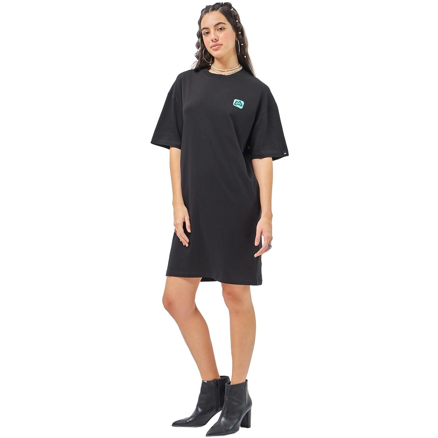 Bewakoof Official Disney Merchandise Women's Graphic Print Oversized Fit Half Sleeve Round Neck Cotton Jersey T-Shirt Dress 603340 Black M