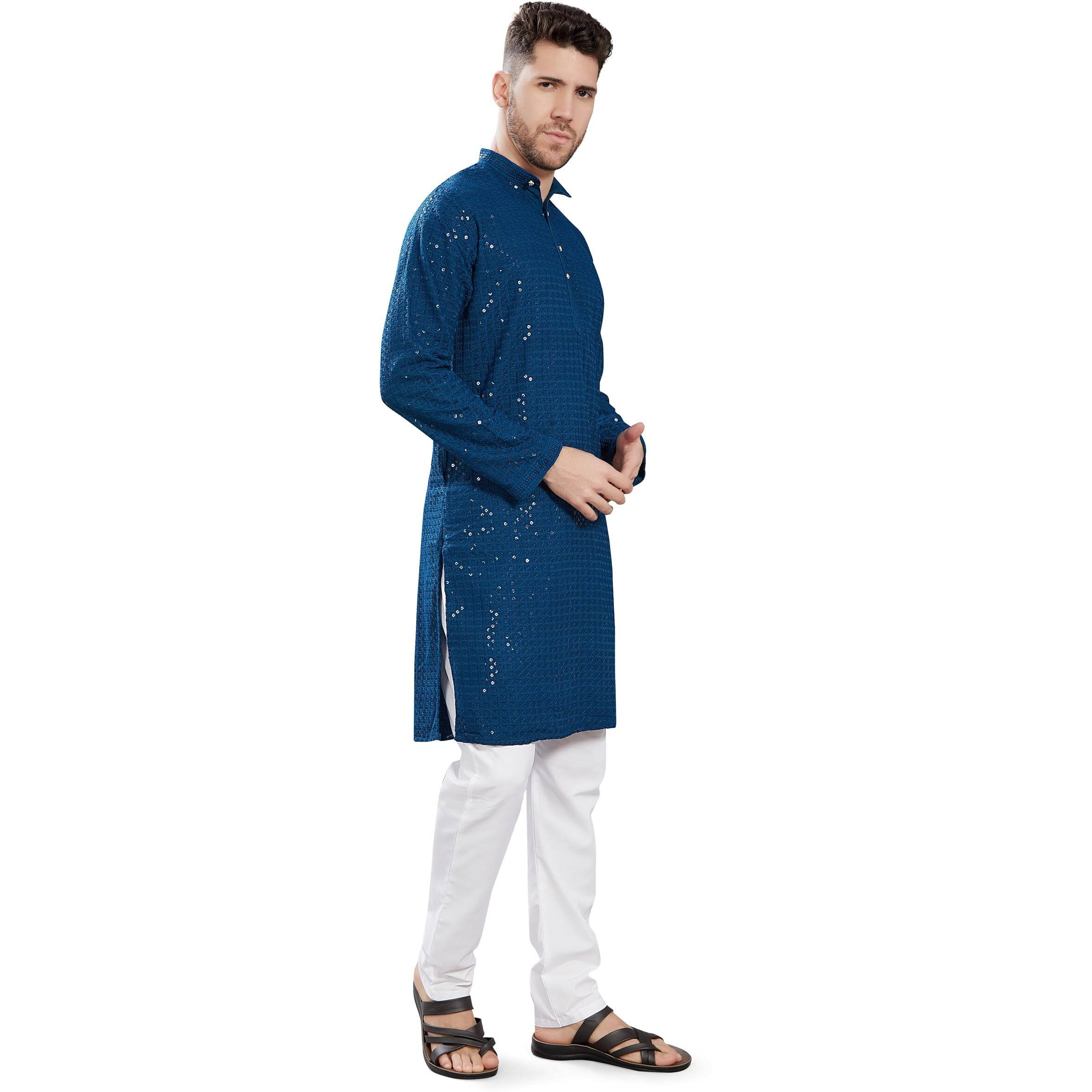 Divisive Men's Sequince Embroidered Cotton Blend Only Slim Fit Kurta (Dkrt746_M_Aqua Blue)