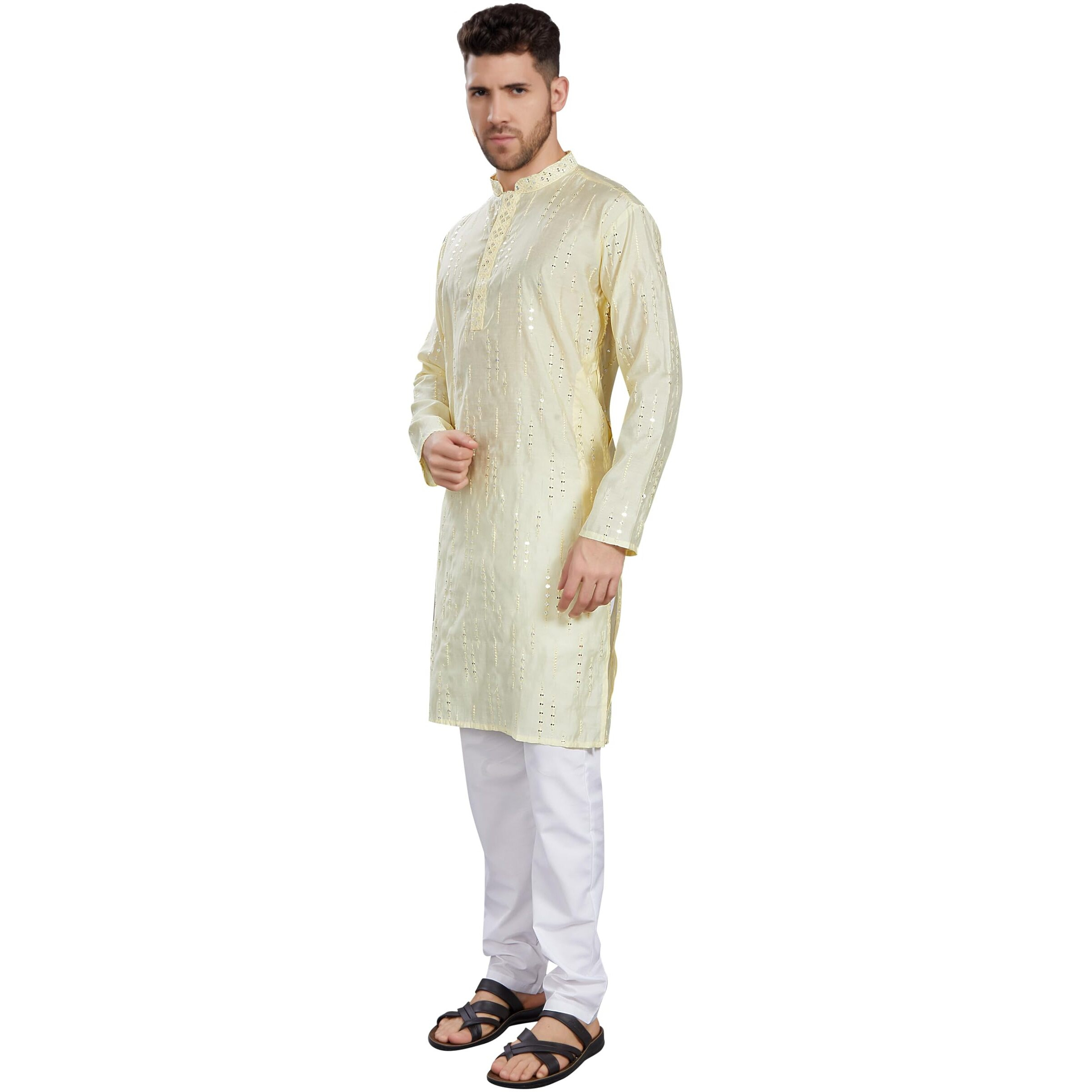 Divisive Men's Mirror Embroidered Silk Blend Only Slim Fit Kurta (Dkrt815_Xxl_L Yellow)