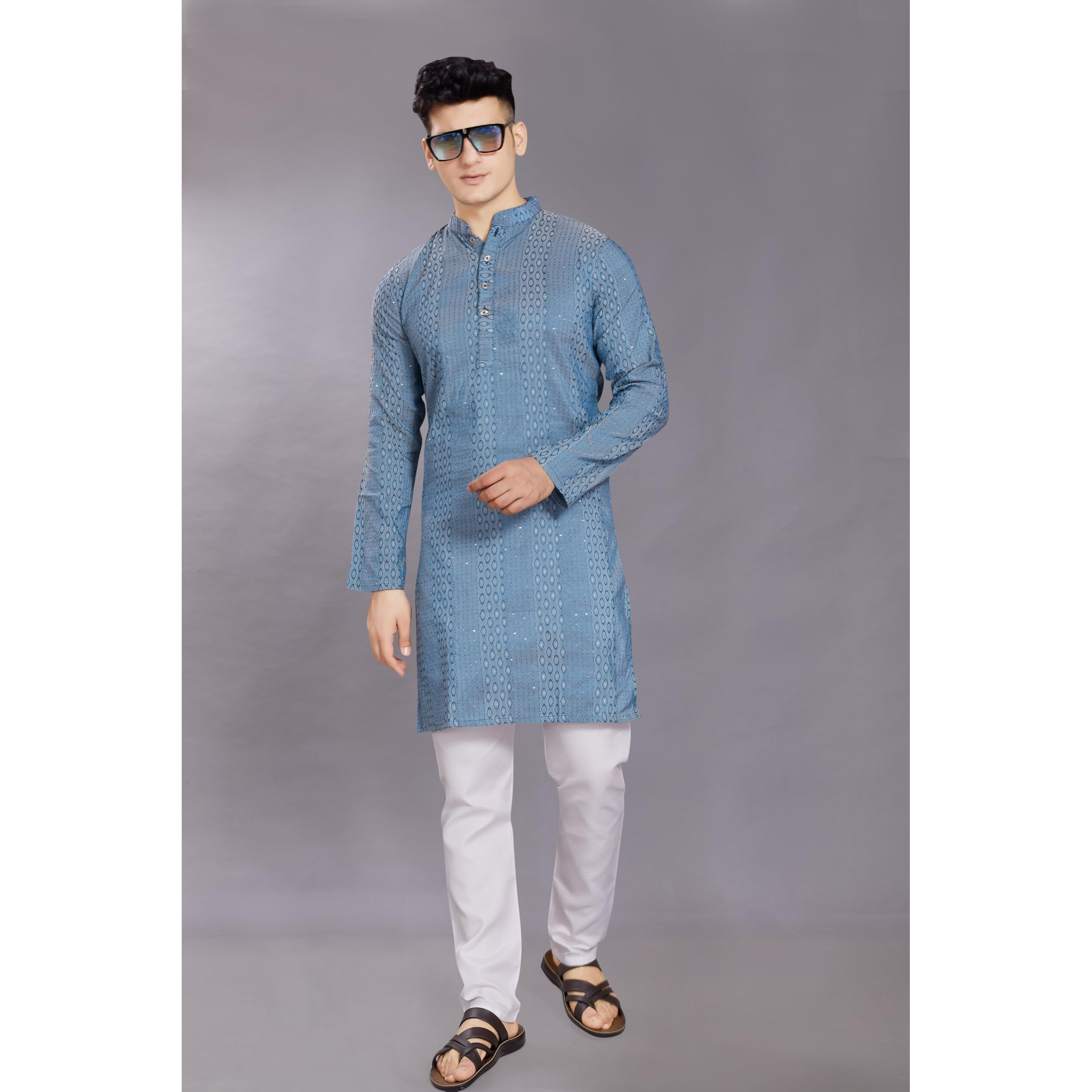 Divisive Men's Jequard Embroidered Art Silk Slim Fit Only Kurta (Dkrt430_L_Grey)
