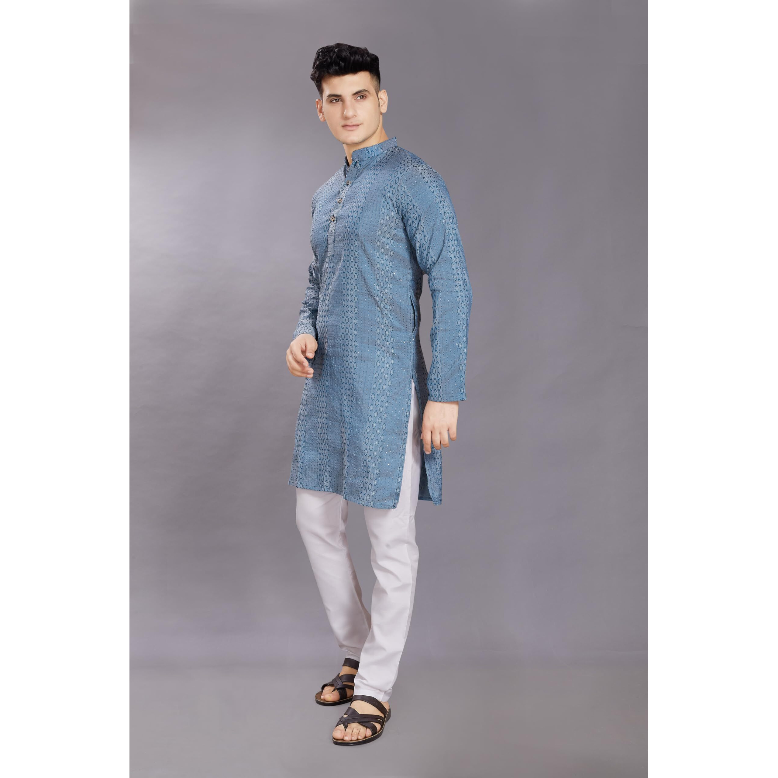 Divisive Men's Jequard Embroidered Art Silk Slim Fit Only Kurta (Dkrt430_L_Grey)