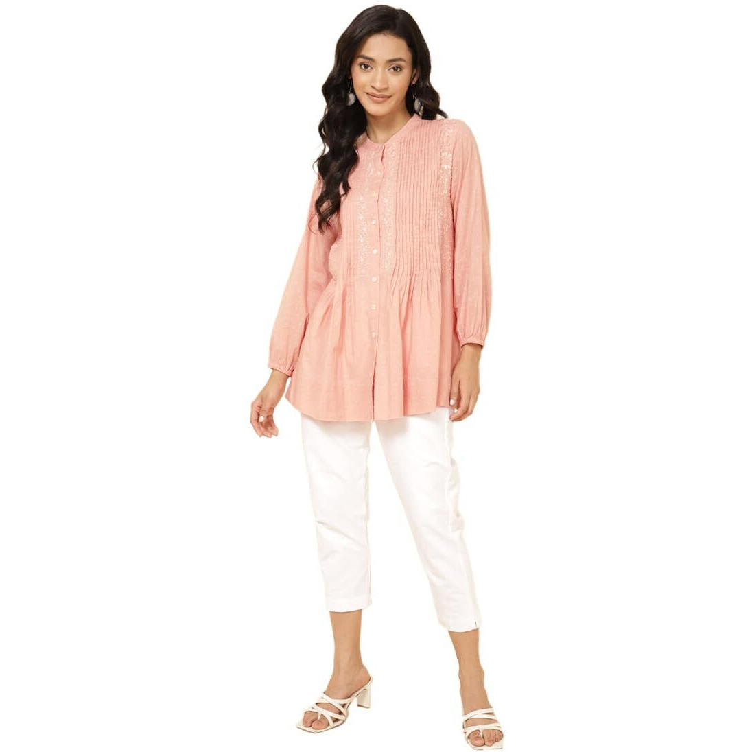 Fabindia Women's Embroidered Comfort Fit Tunic (2108839Peach_Peach
