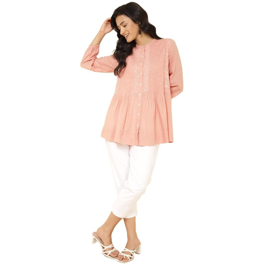 Fabindia Women's Embroidered Comfort Fit Tunic (2108839Peach_Peach