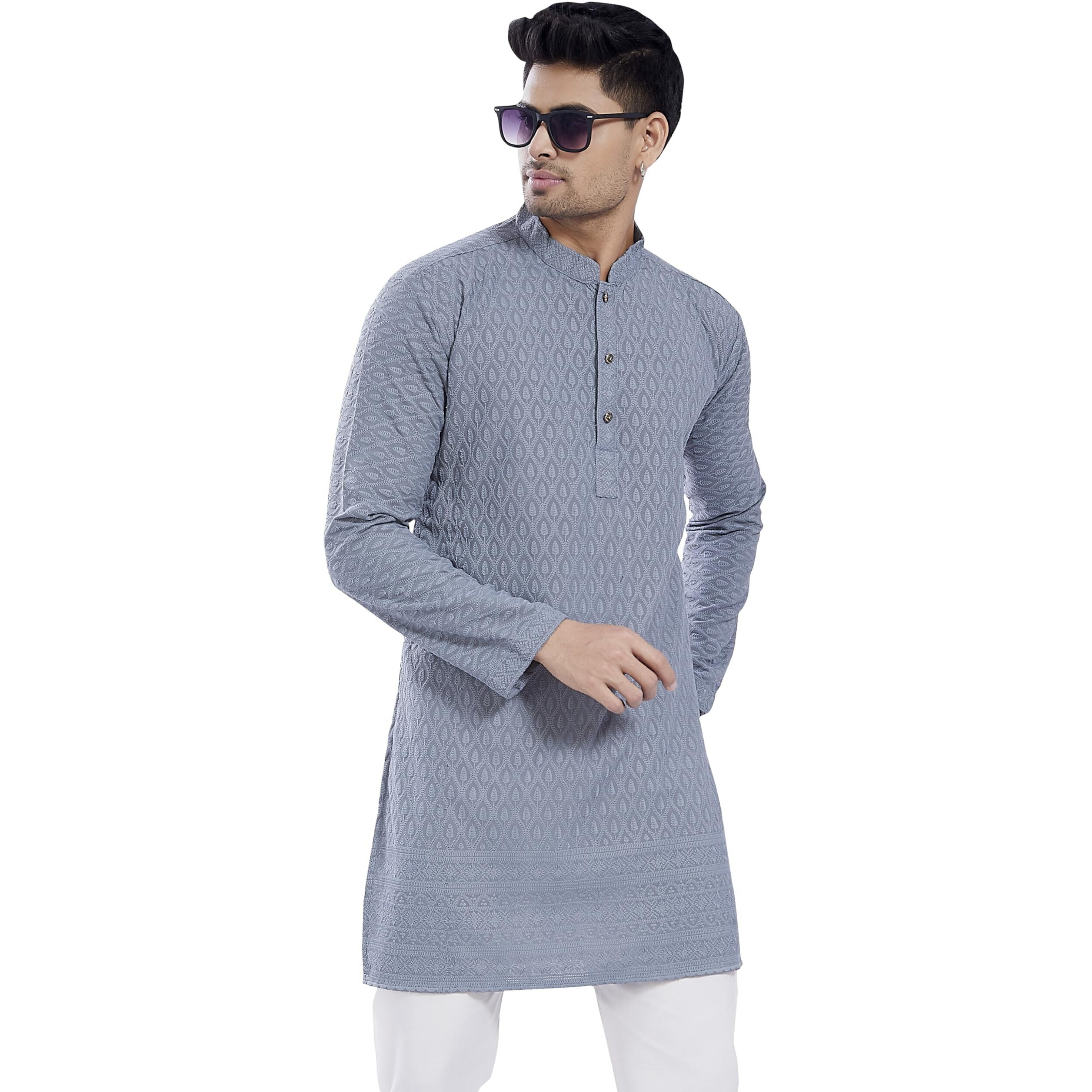 Divisive Men's Thread Embroidered Cotton Blend Only Slim Fit Kurta (Dkrt727_S_Grey)