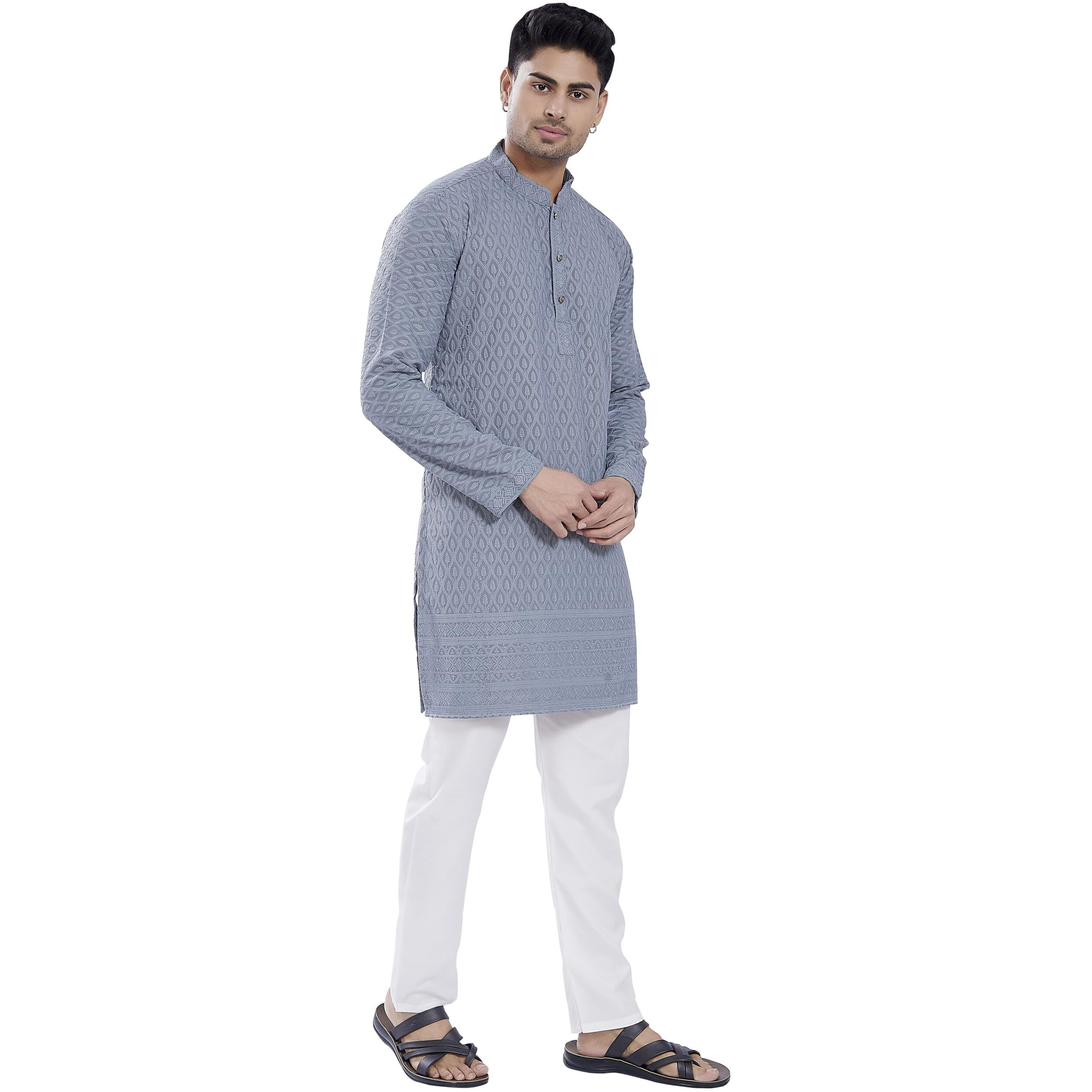 Divisive Men's Thread Embroidered Cotton Blend Only Slim Fit Kurta (Dkrt727_S_Grey)