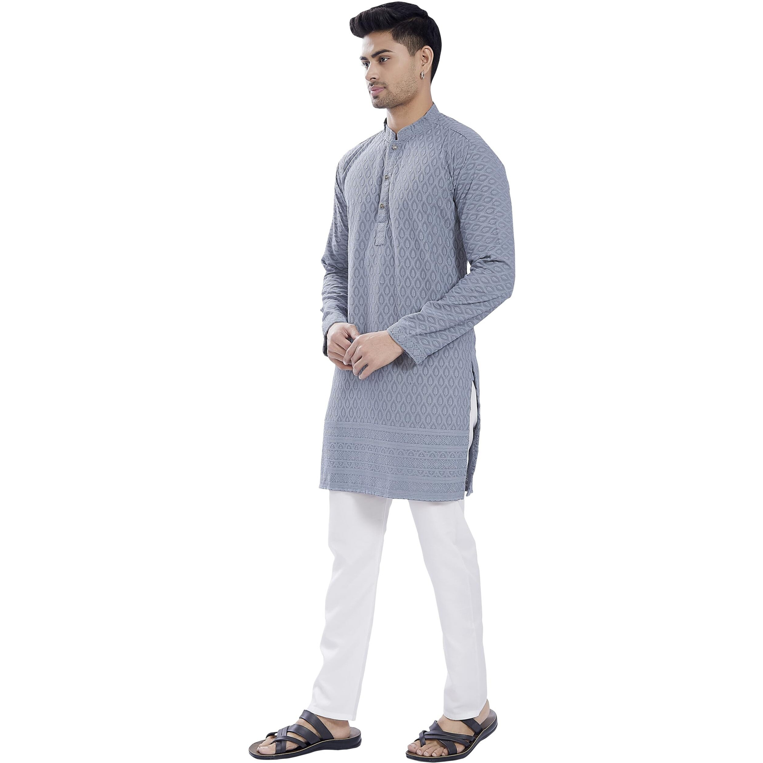 Divisive Men's Thread Embroidered Cotton Blend Only Slim Fit Kurta (Dkrt727_S_Grey)