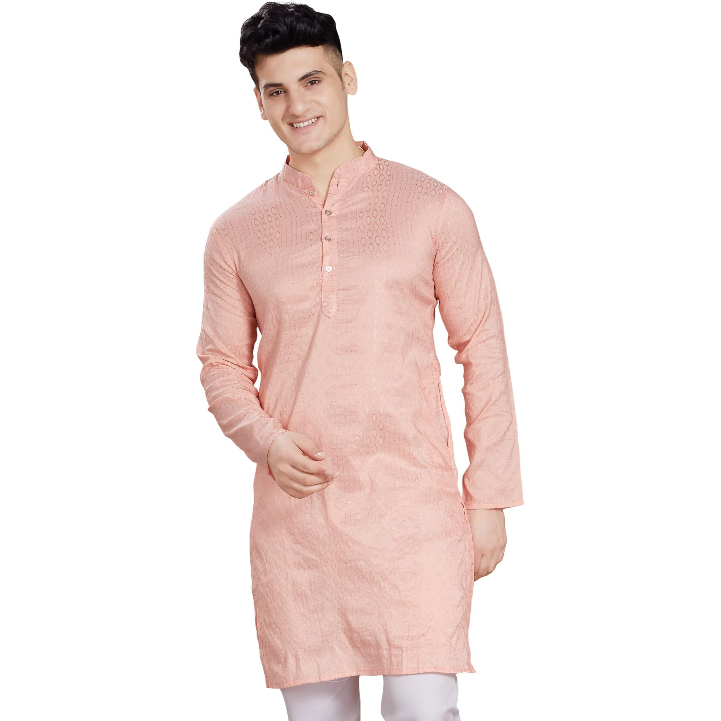 Divisive Men's Jequard Embroidered Art Silk Slim Fit Only Kurta (Dkrt425_L_Peach)