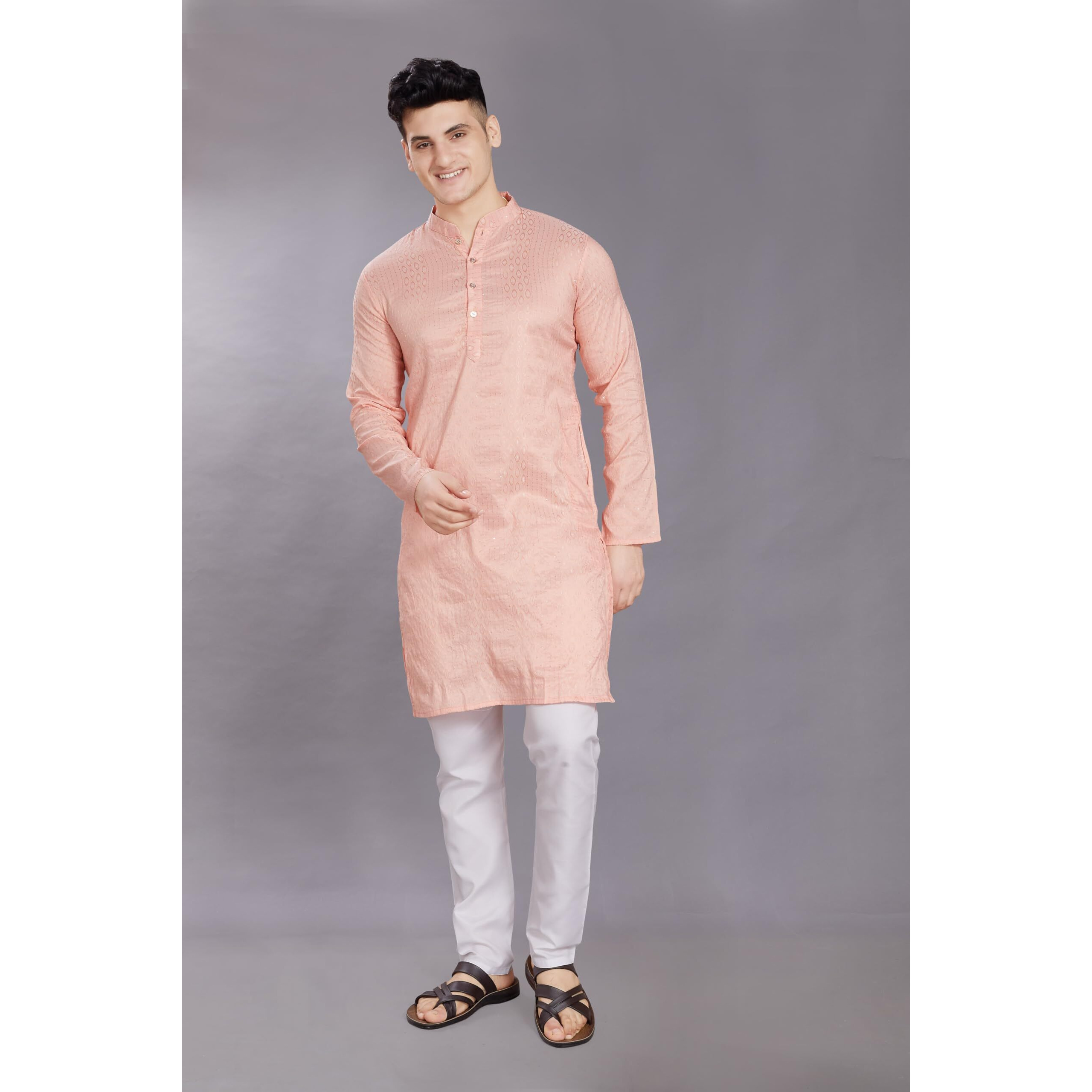 Divisive Men's Jequard Embroidered Art Silk Slim Fit Only Kurta (Dkrt425_L_Peach)