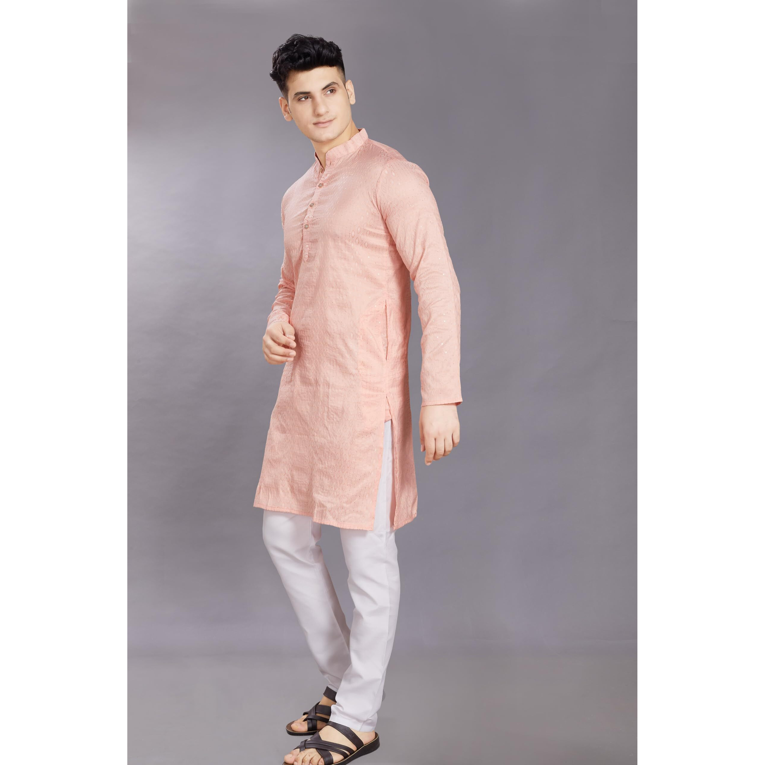 Divisive Men's Jequard Embroidered Art Silk Slim Fit Only Kurta (Dkrt425_L_Peach)