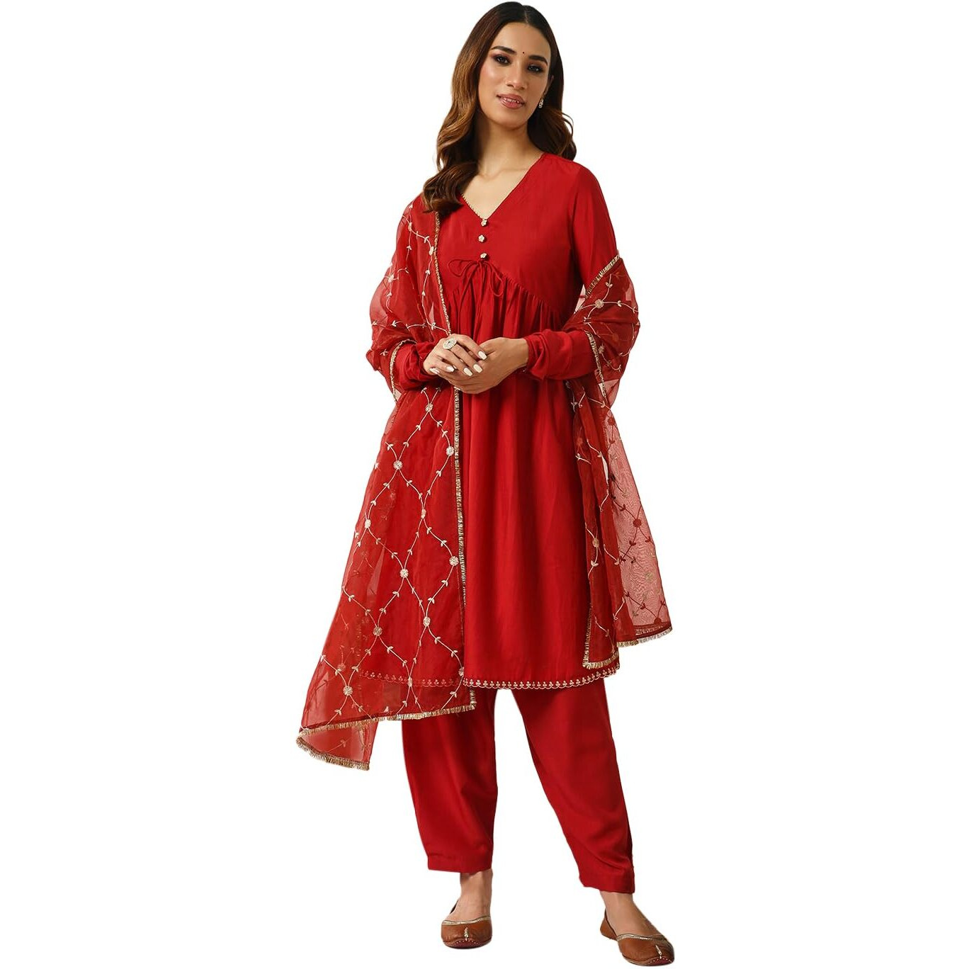 Fiorra Women's Red Silk Blend Nayra Cut Kurta With Pant And Dupatta Set0166