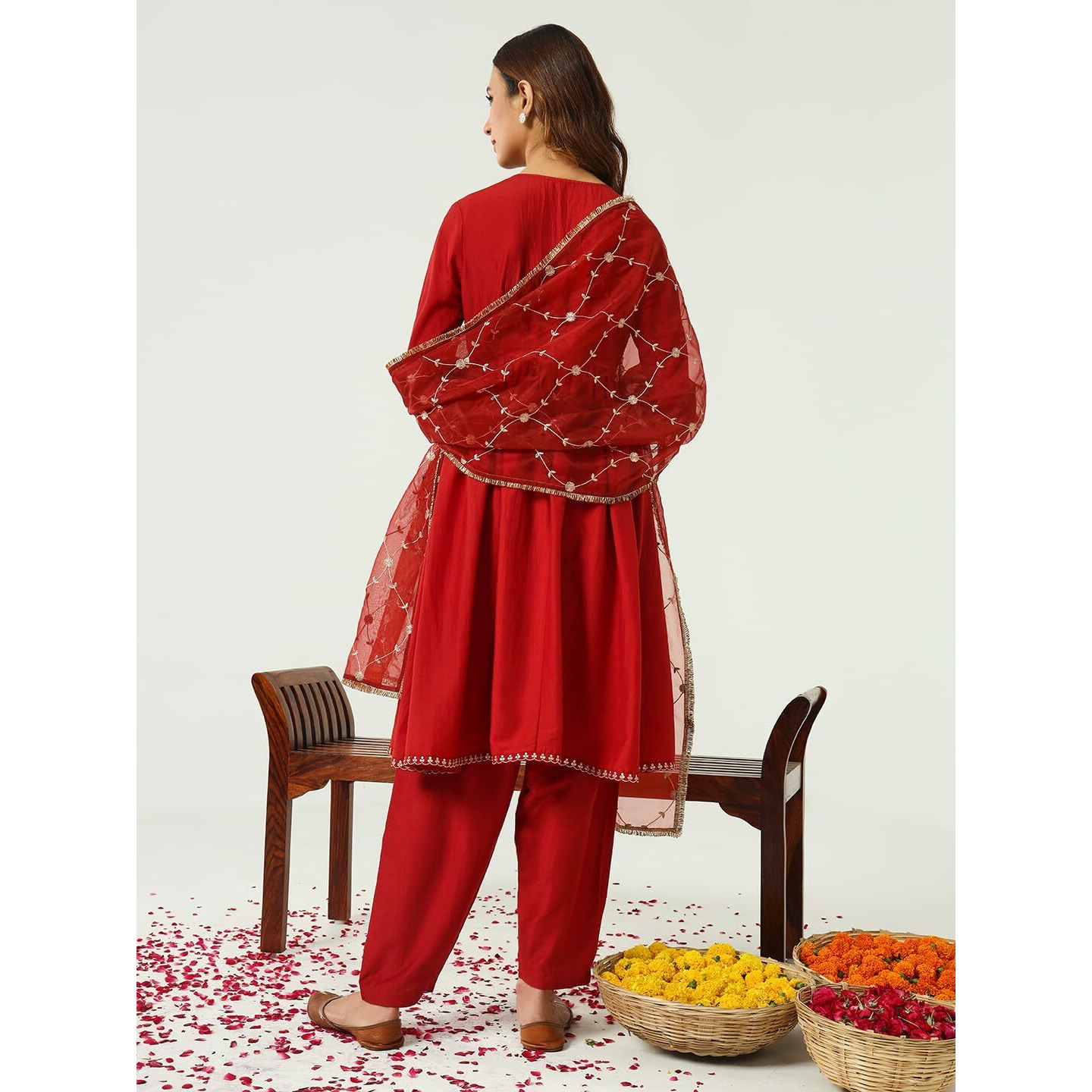 Fiorra Women's Red Silk Blend Nayra Cut Kurta With Pant And Dupatta Set0166