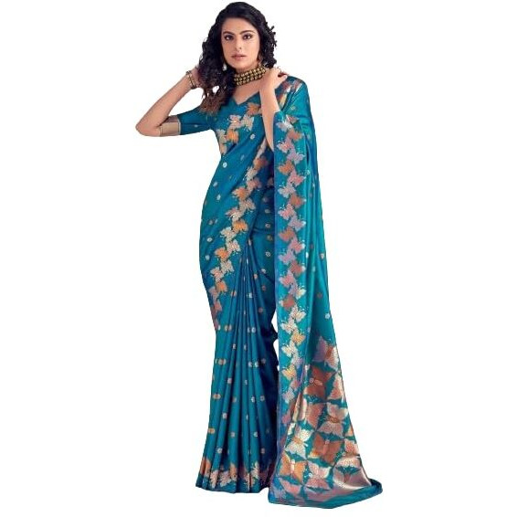 Flosive Women's Latest Color Kanjivaram Silk Saree With Blouse (Teal Blue)