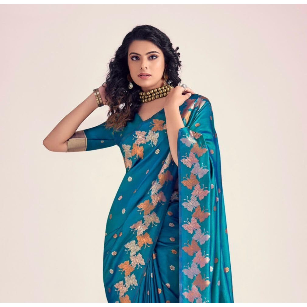 Flosive Women's Latest Color Kanjivaram Silk Saree With Blouse (Teal Blue)