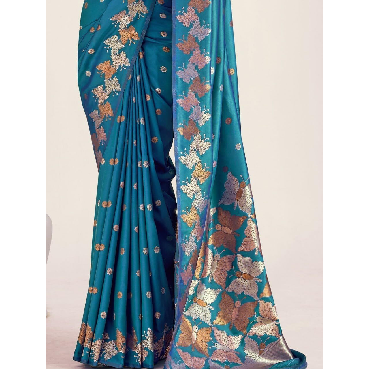 Flosive Women's Latest Color Kanjivaram Silk Saree With Blouse (Teal Blue)