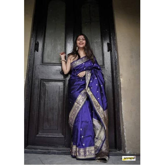 Flosive Women's Present Banarasi Soft Lichi Silk Saree Beautiful Jacquard Rich Pallu Design Work Zari Woven Kanjivaram Silk Style Saree With Soft Lichi Silk Blouse Piece Ayn Royal Mix Color (Blue).