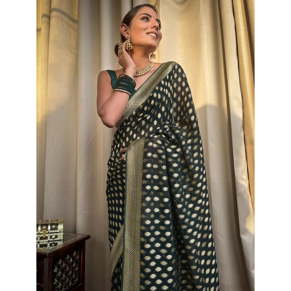 Flosive Women's Kanjivaram Cotton Withtrendy And Grand Beautiful Rich Design Pallu. With Beautiful Full Body Weaving Jaquard Border With Blouse (Green)