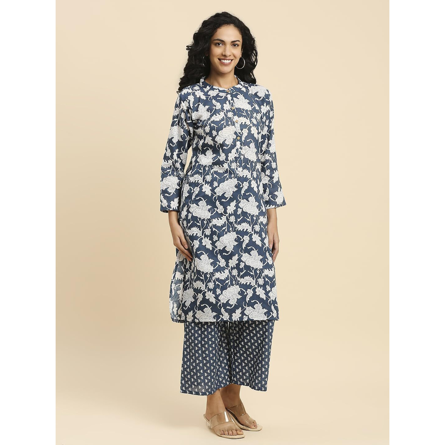 Gufrina Women's Blue&White Cotton Kurta Set With Pants, Round Neck, Front Button Opening, Printed Design (Brown Xxl)