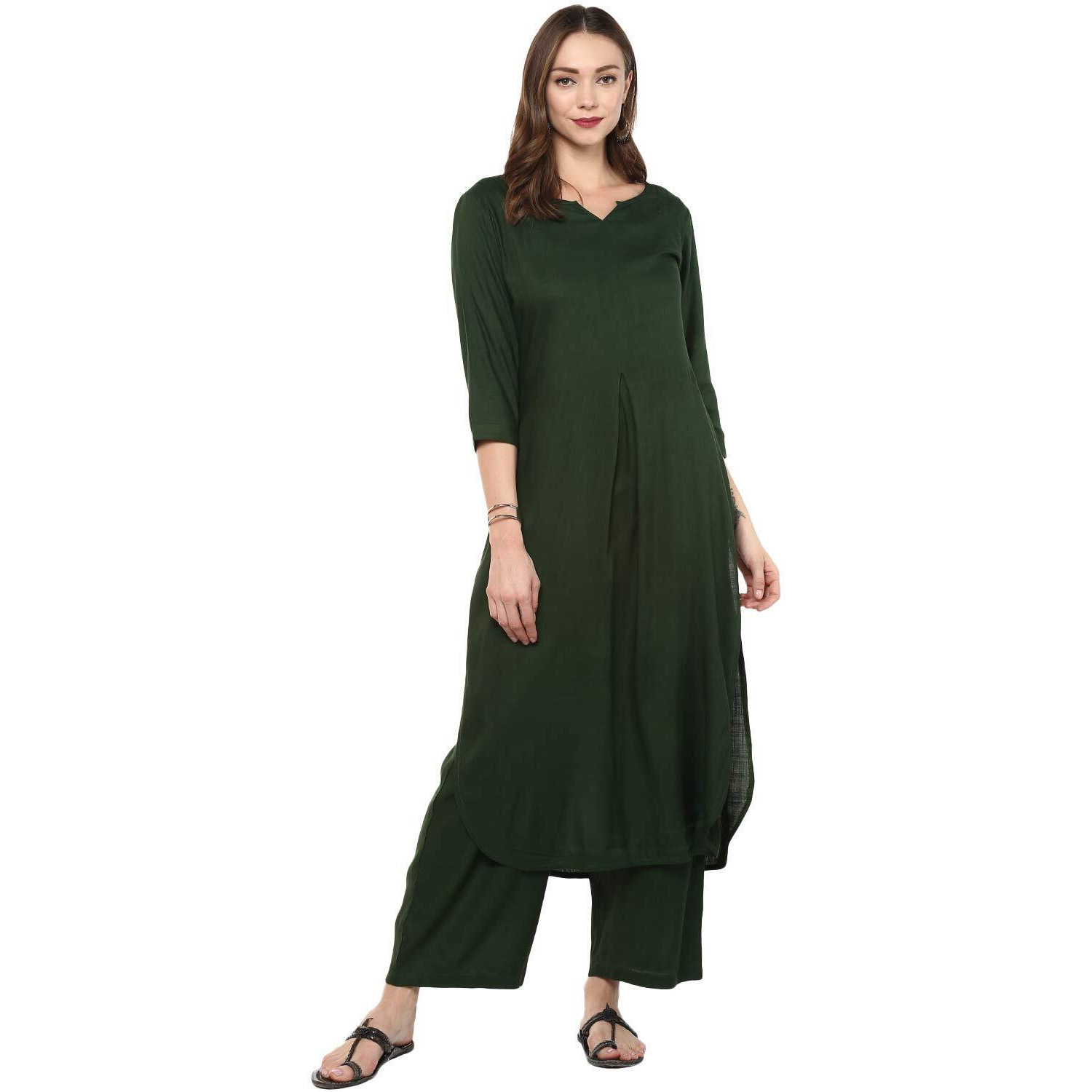 Idalia Green Rayon Straight Solid Kurta Set For Women Stylish Boat Neck Design Kurta Set With Pant